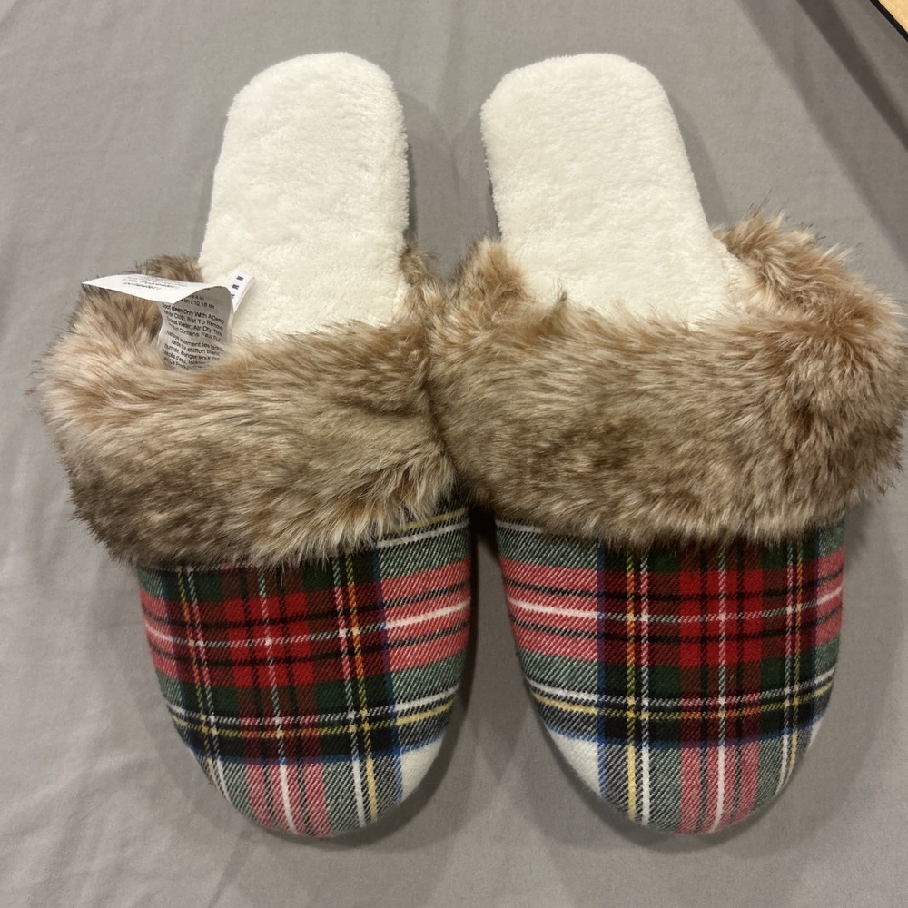 Pottery Barn‎ Stewart Plaid Flannel Slippers With Faux Fur, M, New!